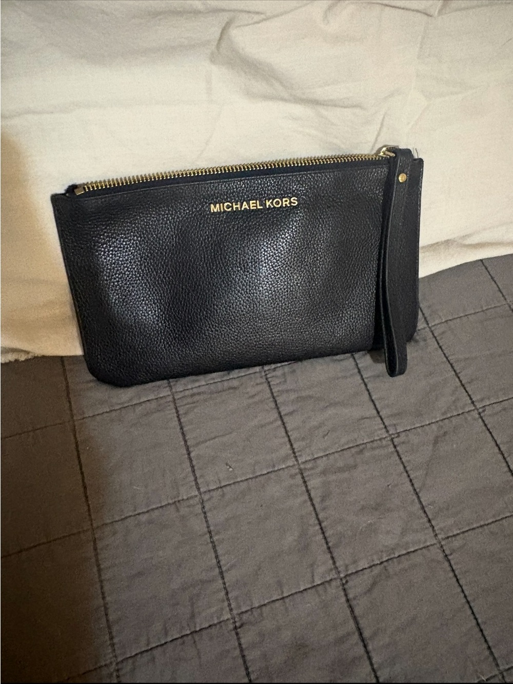 Michael Kors Black Pebbled Leather Toiletry Wristlet with Gold Hardware